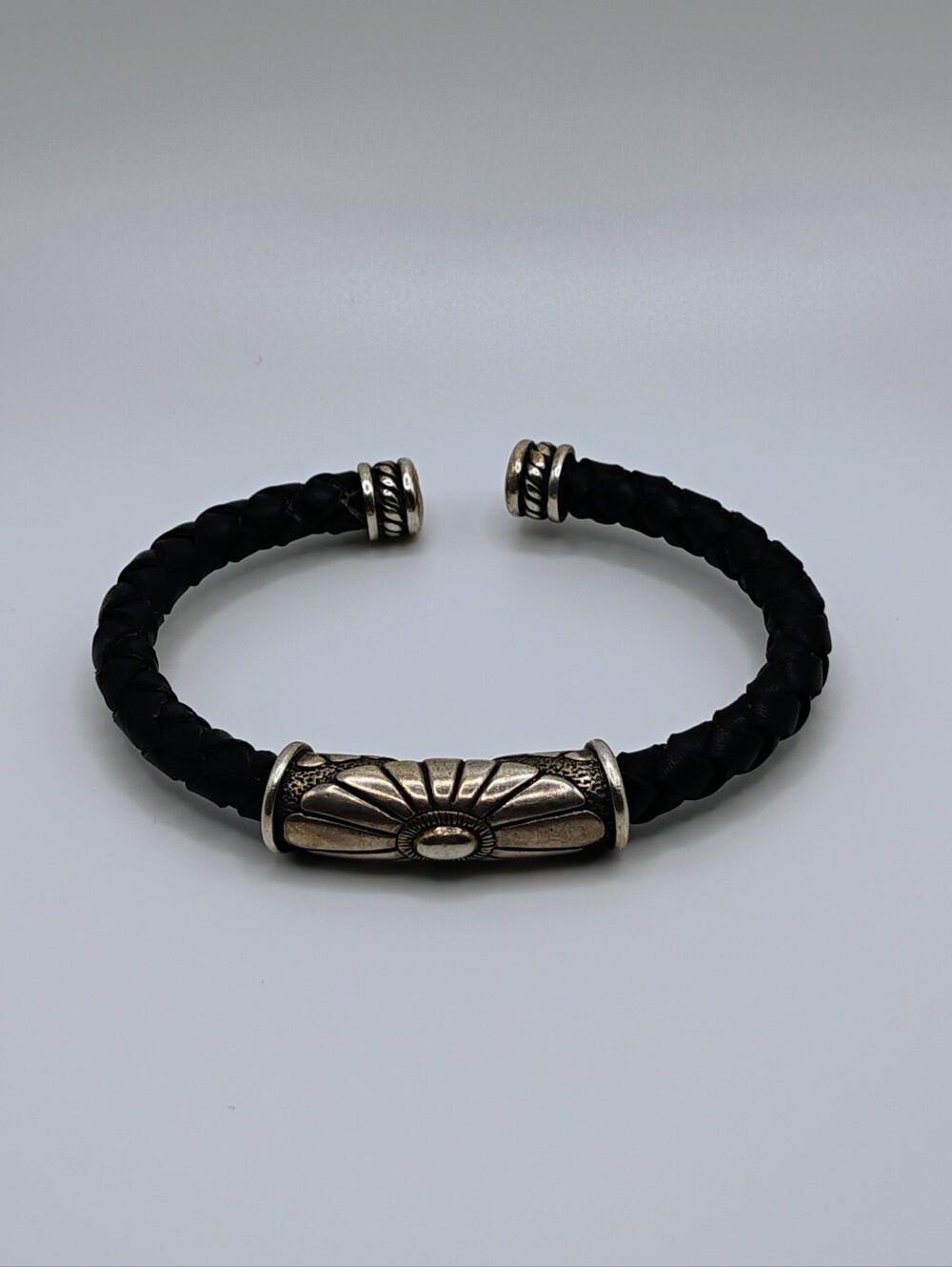 Waldeck Johnson WJ 925 Sterling Silver Black Braided Leather Cuff Bracelet